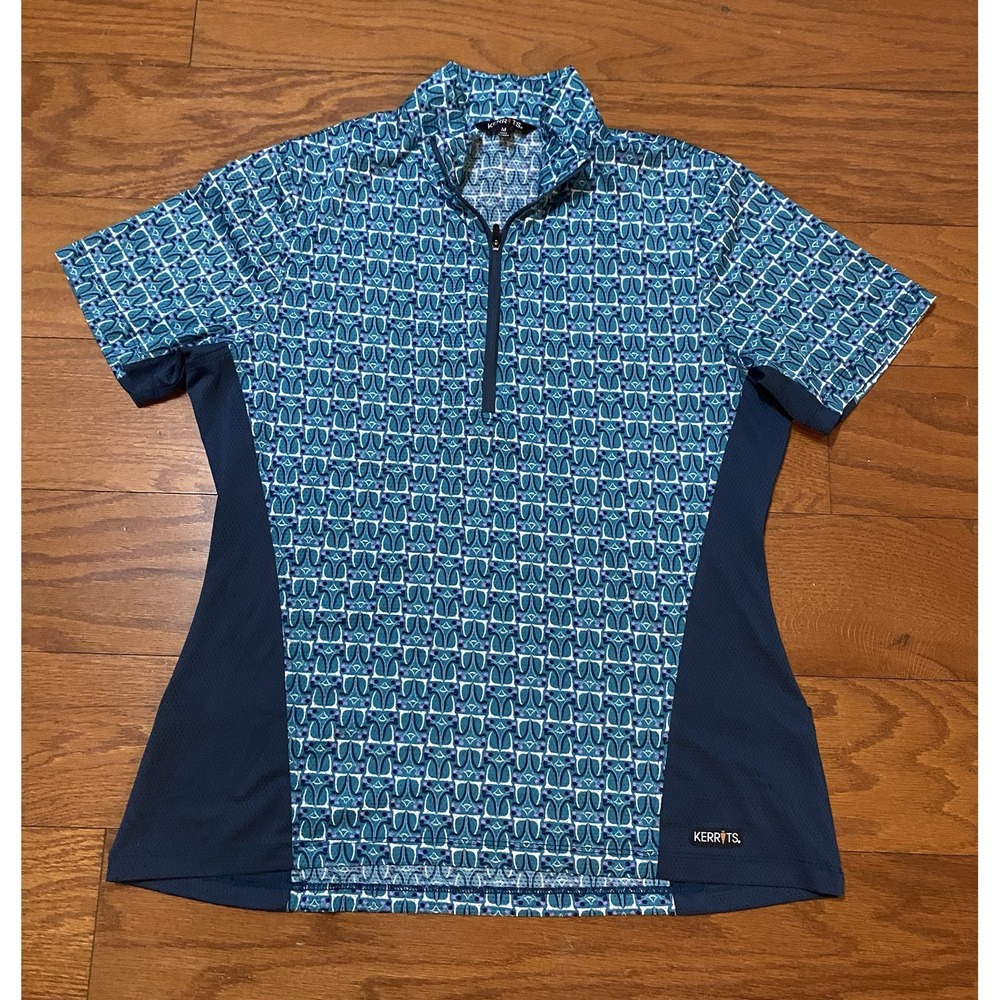 Kerrits 1/4 Zip Riding Top Polo Shirt Medium Blue Green Vented Equestrian USA